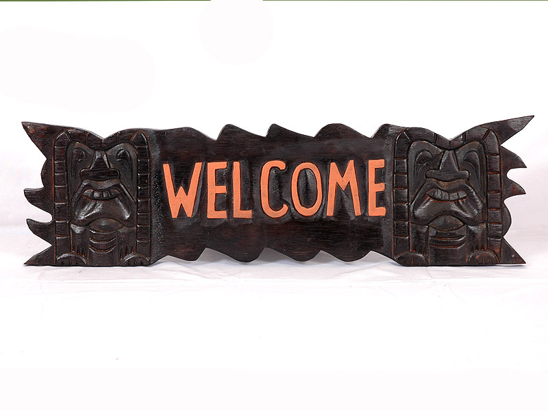 Welcome Tiki Bar Sign w/ Carved Tikis 24 inches - Tiki Bar Decor | #bds1203460 Welcome Tiki Bar Sign w/ Carved Tikis 24 inches - Tiki Bar Decor | #bds1203460